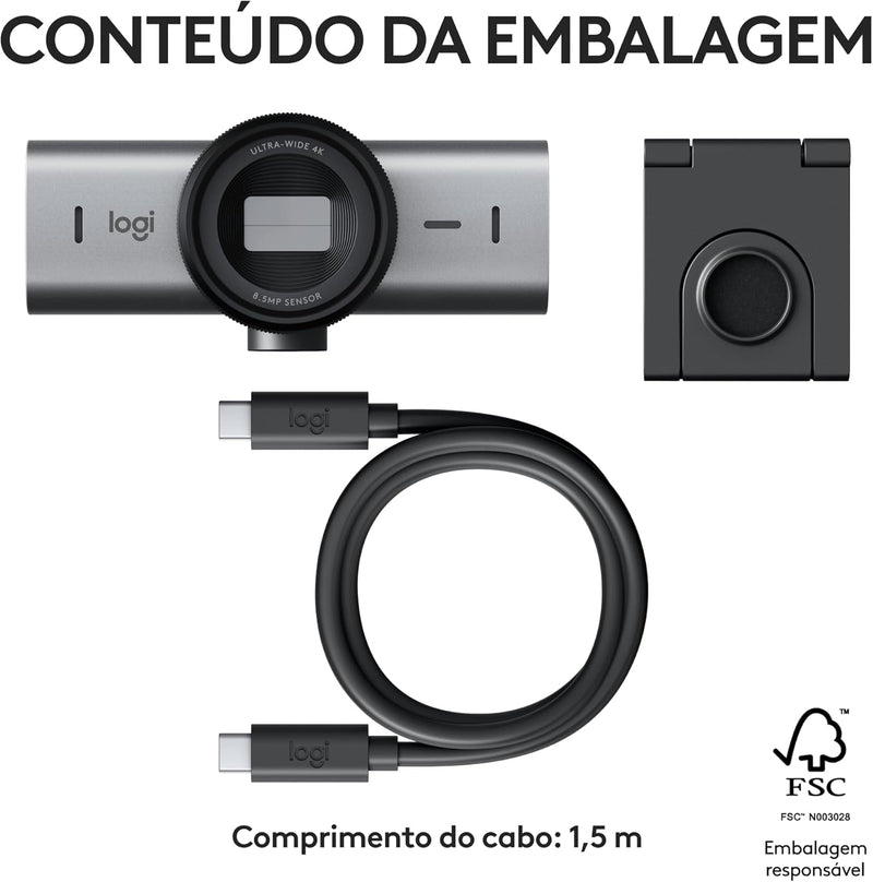 Webcam Ultra HD 4K Logitech MX Brio Com Microfones com Redução de Ruído, Qualidade de Imagem Aprimorada por IA, Protetor de Privacidade e Conexão USB-C - Grafite