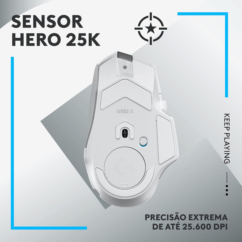 Mouse Gamer Sem Fio Logitech G502 X LIGHTSPEED com Switch LIGHTFORCE, 13 Botões Programáveis, Sensor HERO 25K, Compatível com PC/ macOS/ Windows - Branco