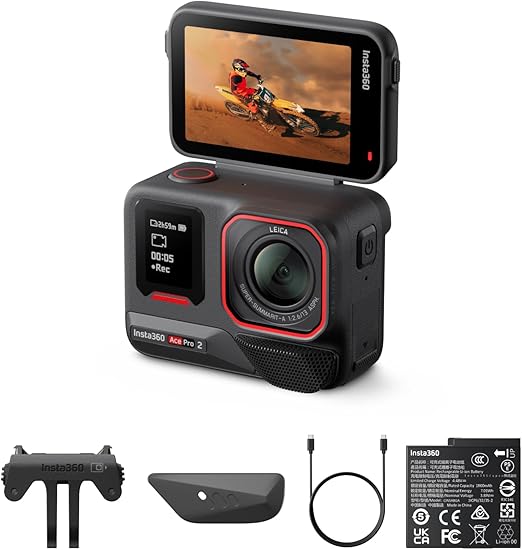 Insta360 Ace Pro 2 – Pacote de bateria dupla padrão – Câmera de ação à prova d'água 8K projetada com Leica, sensor de 1/3.3 cm, chip de IA duplo, baixa luz, áudio superior, tela flip e edição de IA