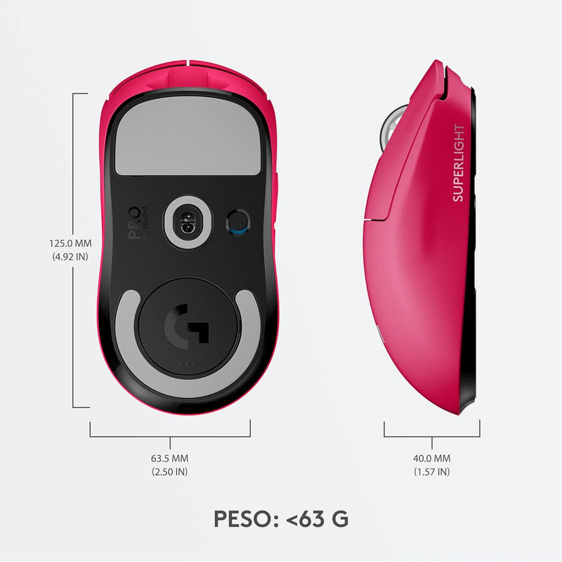 Mouse Gamer Sem Fio Logitech G PRO X SUPERLIGHT com Tecnologia LIGHTSPEED, Ultraleve 63g, 5 Botões Programáveis, Sensor HERO 25K e Bateria Recarregável - Compatível com POWERPLAY - Rosa Magenta