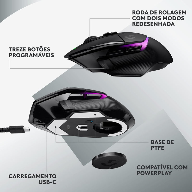 Mouse Gamer Sem Fio Logitech G502 X PLUS LIGHTSPEED com RGB LIGHTSYNC, Switches LIGHTFORCE, Sensor HERO 25K, 13 Botões Programáveis, Compatível com PC/ macOS/ Windows - Preto