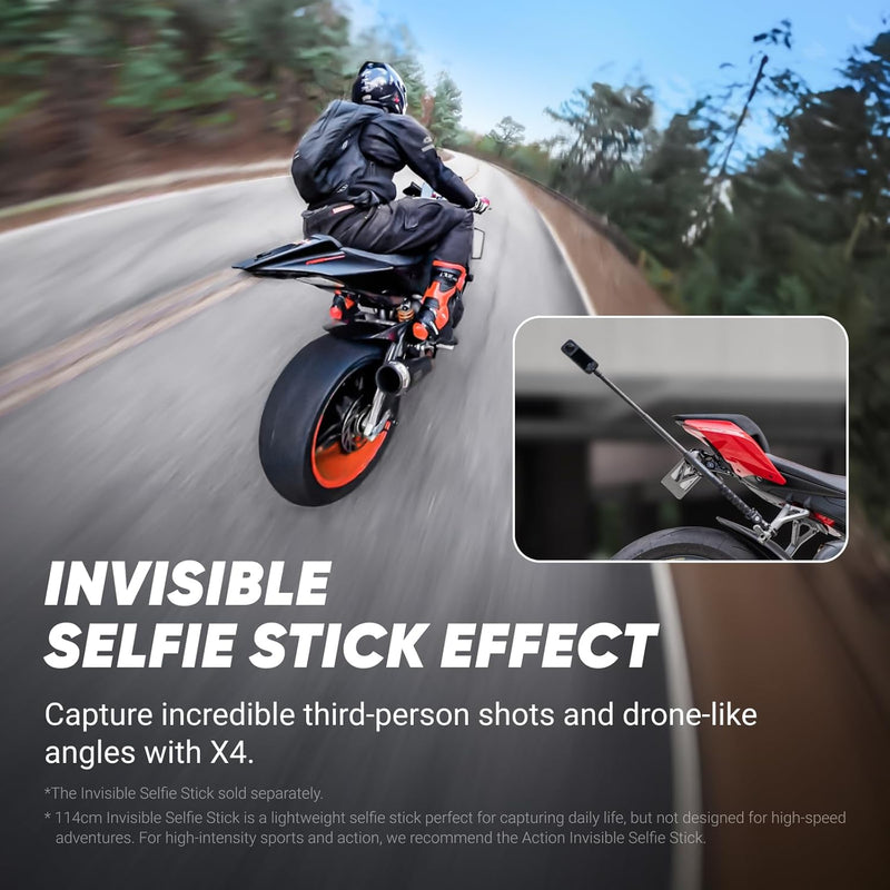 Insta360 X4, Câmera padrão, visão de 360°, à prova d'água, resolução 8K, vídeo de grande-angular 4K, bastão de selfie invisível, protetores de lente removíveis, bateria com autonomia de 135 minutos