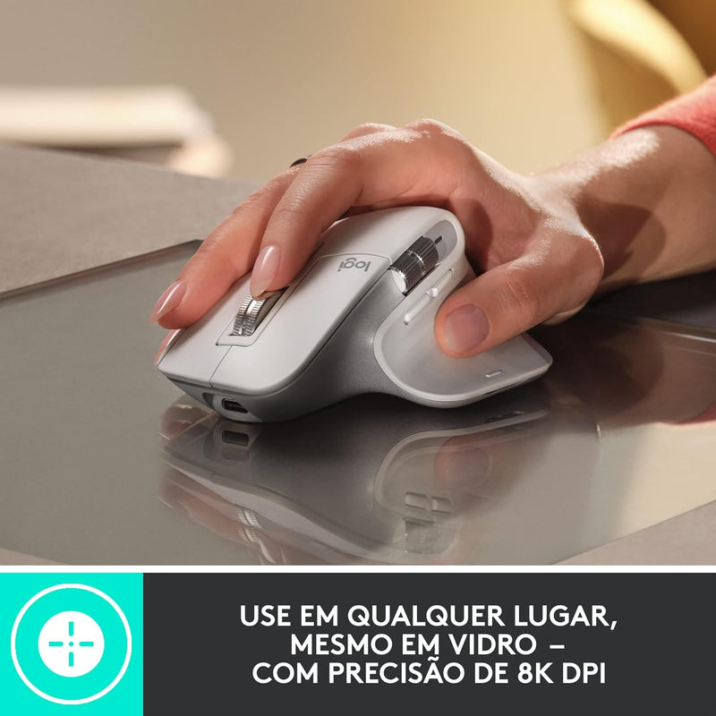 Mouse sem fio Logitech MX Master 3S com Sensor Darkfield para Uso em Qualquer Superfície, Design Ergonômico, Clique Silencioso, Conexão USB ou Bluetooth - Cinza Claro