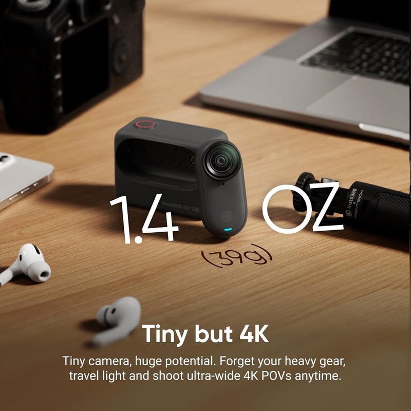 Insta360 GO 3S - Pacote padrão - Câmera de vlogging preta portátil minúscula de 128 GB 4K, POV sem usar as mãos, monte em qualquer lugar, estabilização, bateria que dura 140 minutos, impermeável até 10 m, POV de pets