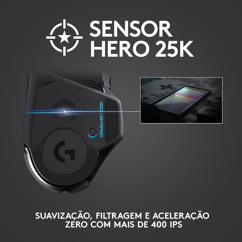 Mouse Gamer Sem Fio Logitech G502 LIGHTSPEED com Tecnologia RGB LIGHTSYNC, Ajustes de Peso, 11 Botóes Programáveis, Sensor HERO 25K e Bateria Recarregável - Compatível com POWERPLAY