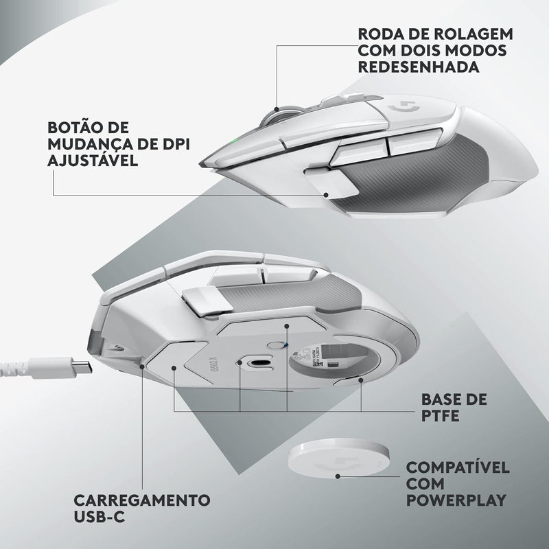 Mouse Gamer Sem Fio Logitech G502 X LIGHTSPEED com Switch LIGHTFORCE, 13 Botões Programáveis, Sensor HERO 25K, Compatível com PC/ macOS/ Windows - Branco