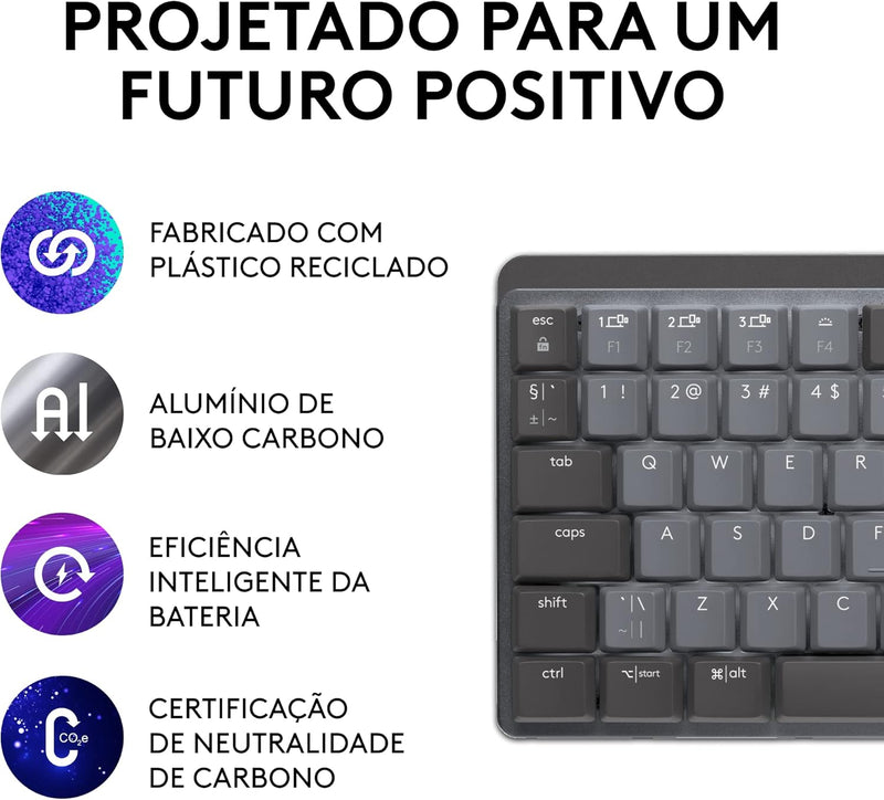 Teclado Mecânico sem fio Logitech MX Mechanical Mini com Teclas Retroiluminadas Tactile Quiet, Conexão USB ou Bluetooth Easy-Switch para até 3 dispositivos e Bateria Recarregável