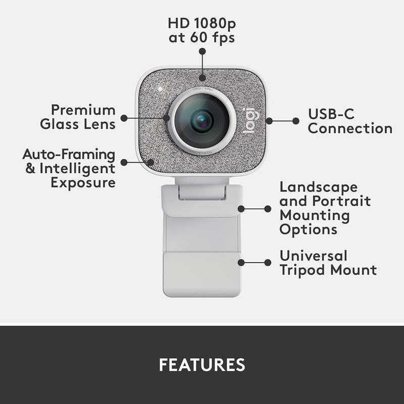 Logitech Para Creators StreamCam Webcam para streaming e criação de conteúdo, Full HD 1080p 60 fps, lente de vidro premium, foco automático inteligente, para PC/Mac - Branco