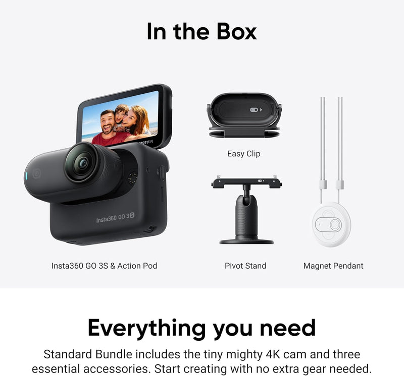 Insta360 GO 3S - Pacote padrão - Câmera de vlogging preta portátil minúscula de 128 GB 4K, POV sem usar as mãos, monte em qualquer lugar, estabilização, bateria que dura 140 minutos, impermeável até 10 m, POV de pets
