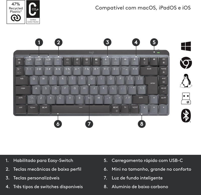 Teclado Mecânico sem fio Logitech MX Mechanical Mini com Teclas Retroiluminadas Tactile Quiet, Conexão USB ou Bluetooth Easy-Switch para até 3 dispositivos e Bateria Recarregável