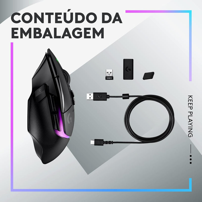 Mouse Gamer Sem Fio Logitech G502 X PLUS LIGHTSPEED com RGB LIGHTSYNC, Switches LIGHTFORCE, Sensor HERO 25K, 13 Botões Programáveis, Compatível com PC/ macOS/ Windows - Preto
