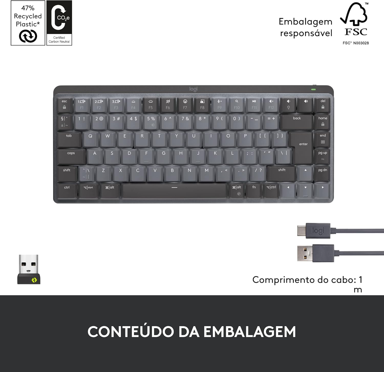 Teclado Mecânico sem fio Logitech MX Mechanical Mini com Teclas Retroiluminadas Tactile Quiet, Conexão USB ou Bluetooth Easy-Switch para até 3 dispositivos e Bateria Recarregável