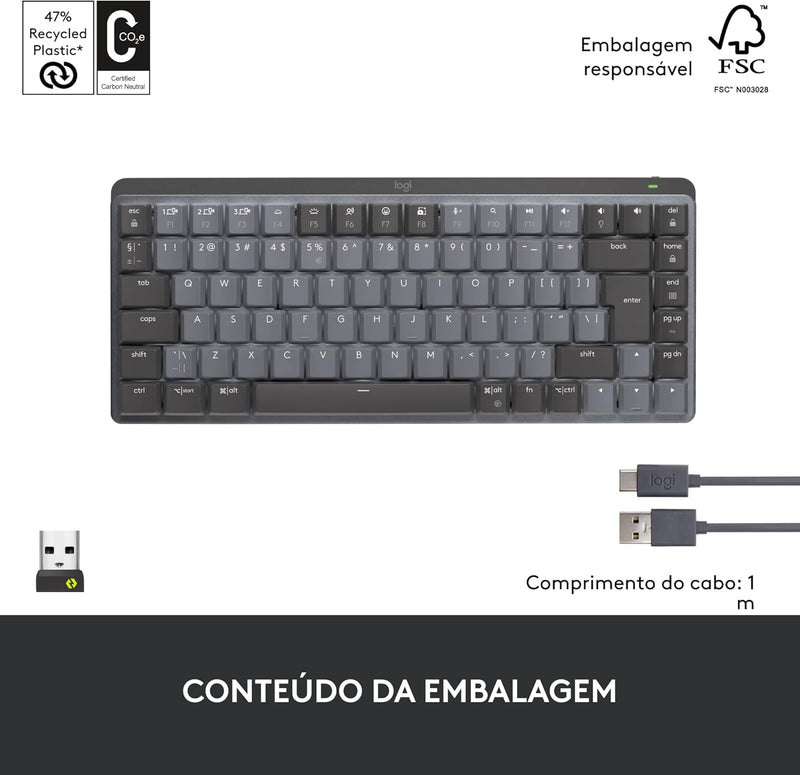 Teclado Mecânico sem fio Logitech MX Mechanical Mini com Teclas Retroiluminadas Tactile Quiet, Conexão USB ou Bluetooth Easy-Switch para até 3 dispositivos e Bateria Recarregável