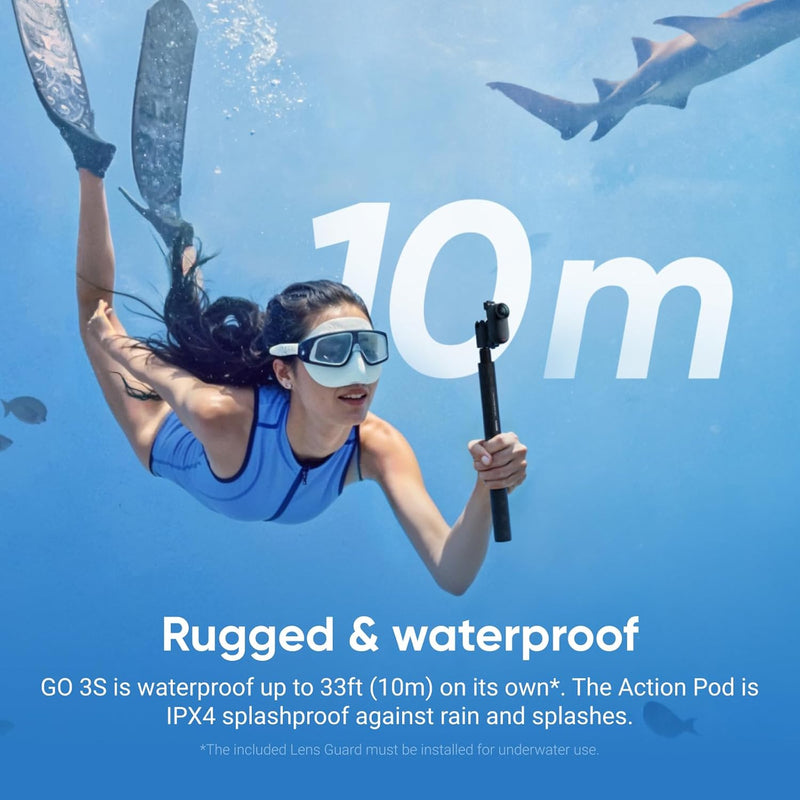 Insta360 GO 3S - Pacote padrão - Câmera de vlogging preta portátil minúscula de 128 GB 4K, POV sem usar as mãos, monte em qualquer lugar, estabilização, bateria que dura 140 minutos, impermeável até 10 m, POV de pets