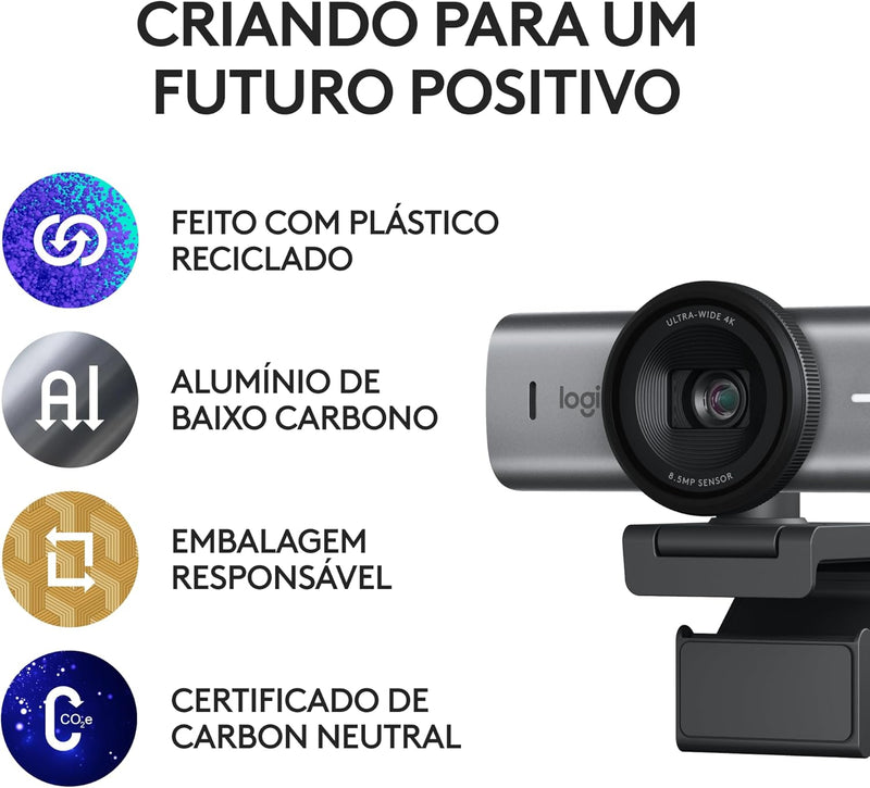 Webcam Ultra HD 4K Logitech MX Brio Com Microfones com Redução de Ruído, Qualidade de Imagem Aprimorada por IA, Protetor de Privacidade e Conexão USB-C - Grafite