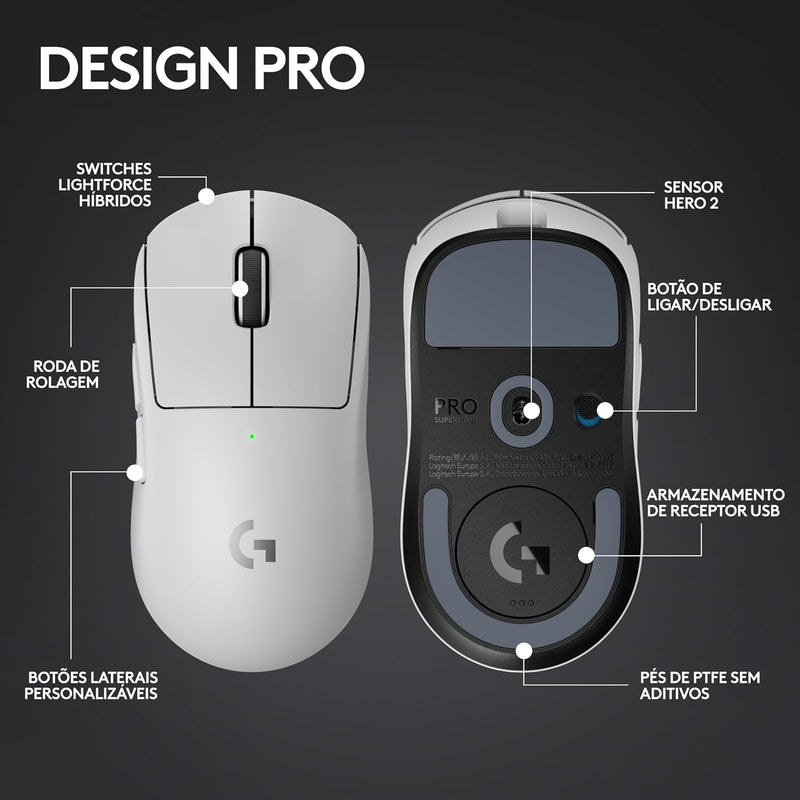 Mouse Gamer Sem Fio Logitech G PRO X SUPERLIGHT 2 com Tecnologia LIGHTSPEED, Ultraleve, Switch LIGHTFORCE, Sensor HERO 2 com 32K DPI, 5 botões programáveis e Bateria Recarregável