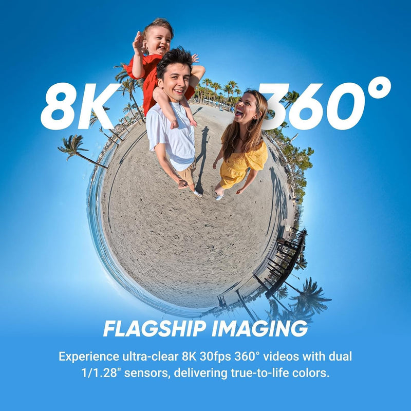 Insta360 X5 - Câmera de ação 360 à prova d'água com sensores de 1/3.3 cm, vídeo HDR 8K 360, foto de 72 MP, lente única 4K60fps, desempenho aprimorado em pouca luz, lentes atualizadas substituíveis