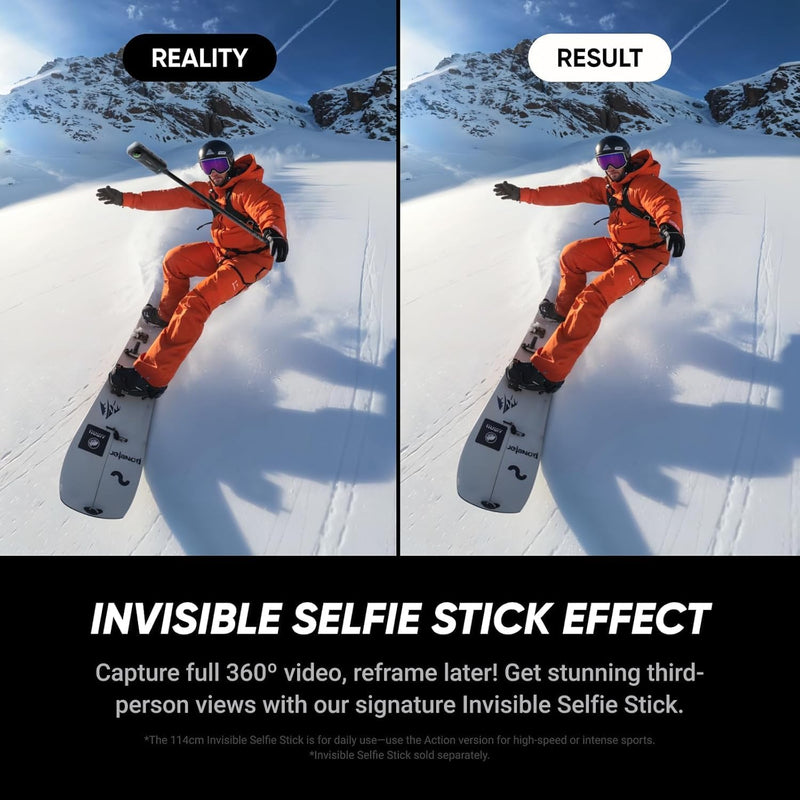 Insta360 X5 - Câmera de ação 360 à prova d'água com sensores de 1/3.3 cm, vídeo HDR 8K 360, foto de 72 MP, lente única 4K60fps, desempenho aprimorado em pouca luz, lentes atualizadas substituíveis