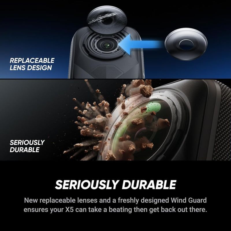 Insta360 X5 - Câmera de ação 360 à prova d'água com sensores de 1/3.3 cm, vídeo HDR 8K 360, foto de 72 MP, lente única 4K60fps, desempenho aprimorado em pouca luz, lentes atualizadas substituíveis