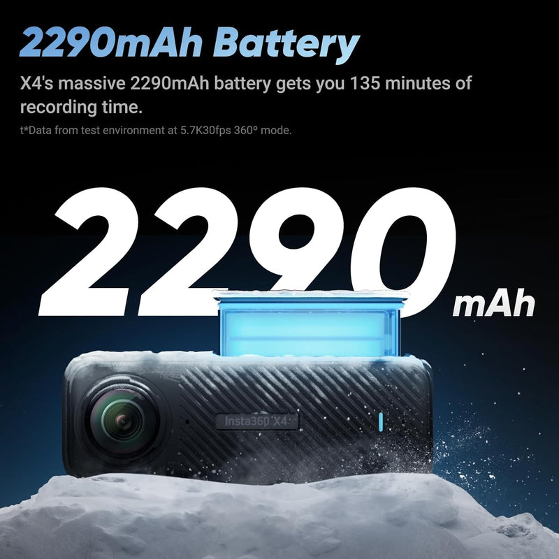 Insta360 X4, Câmera padrão, visão de 360°, à prova d'água, resolução 8K, vídeo de grande-angular 4K, bastão de selfie invisível, protetores de lente removíveis, bateria com autonomia de 135 minutos