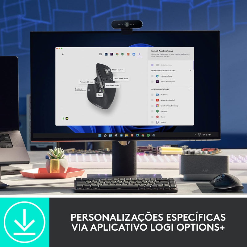 Mouse sem fio Logitech MX Master 3S com Sensor Darkfield para Uso em Qualquer Superfície, Design Ergonômico, Clique Silencioso, Conexão USB ou Bluetooth - Grafite