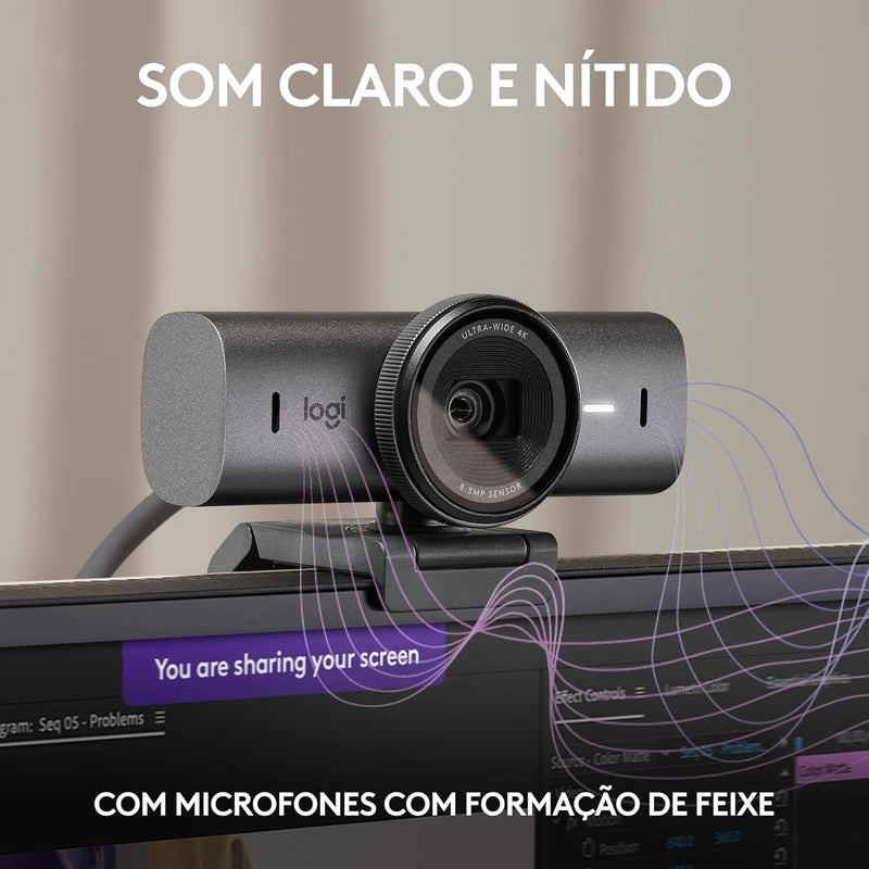 Webcam Ultra HD 4K Logitech MX Brio Com Microfones com Redução de Ruído, Qualidade de Imagem Aprimorada por IA, Protetor de Privacidade e Conexão USB-C - Grafite
